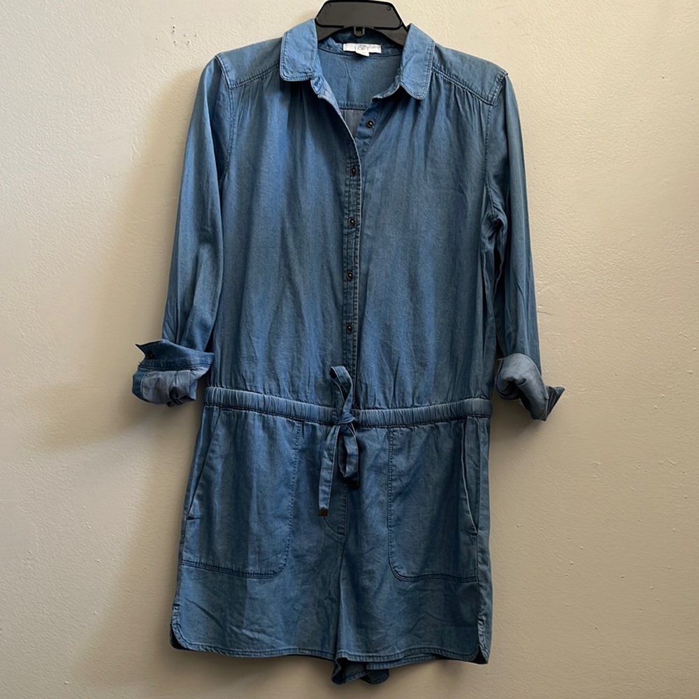 LOFT Women's Blue Long Sleeves Denim Tie Waist Button Up Romper Size MP